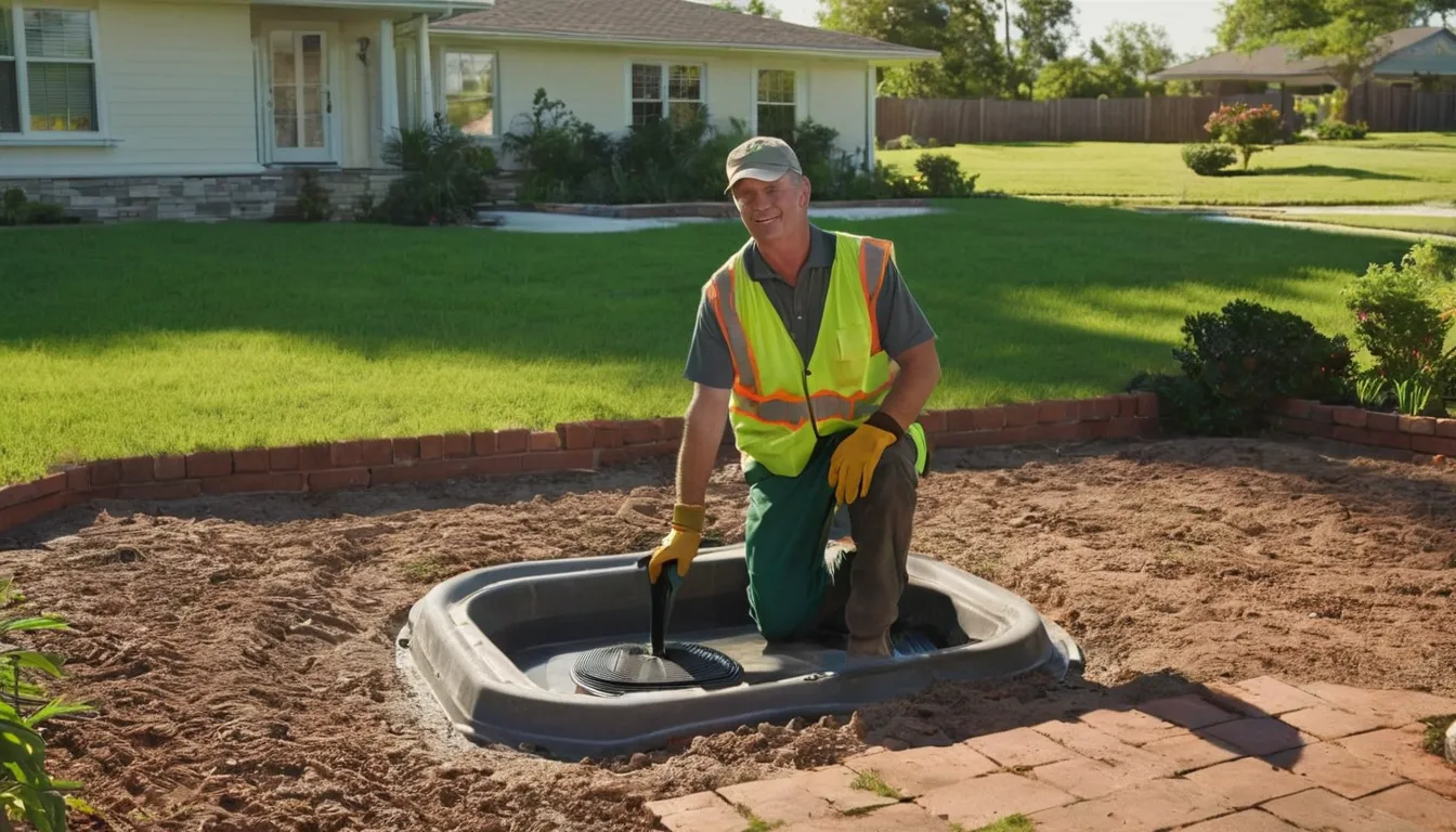 Septic provider inspecting a tank access lid in a backyard near Helena