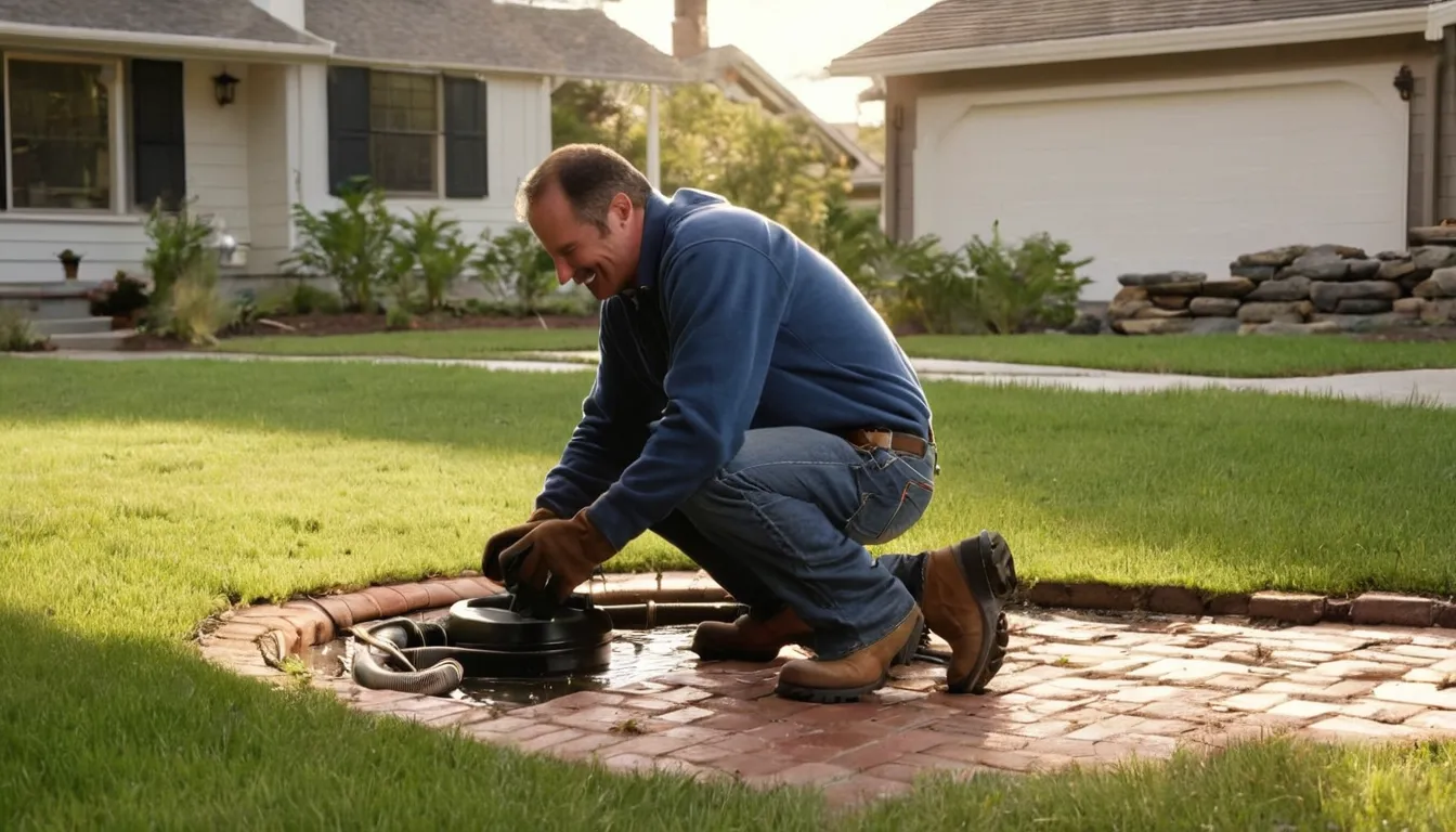 A provider inspecting a sewer cleanout in a front yard near a brick ranch home in Helena
